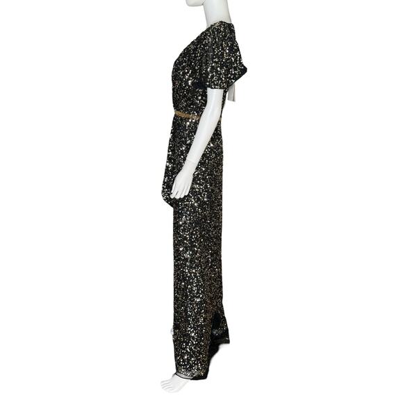 Mac Duggal Black and Gold Sequined Wrap Over Butterfly Sleeve Draped Gown Sz 6 - Picture 5 of 11